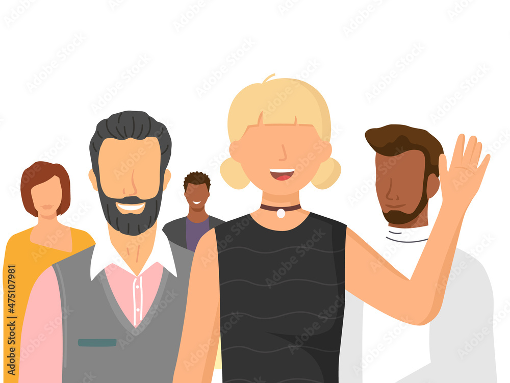 Fototapeta premium Multiethnic group of people standing together community and togetherness concept, diversity portrait. Characters men and women isolated on white. Crowd community. Social diversity friends or relatives