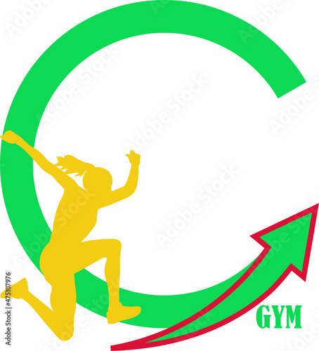 logo gimnasio. letra C con una mujer corriendo y una flecha marcando el rumbo hacia arriba. Vector sin fondo, fondo transparente