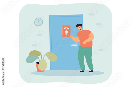 Man having stomachache and diarrhea waiting at toilet door. Male character standing near bathroom and wanting to pee flat vector illustration. Physical need  disease  health concept