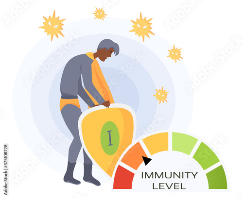 Man in super man costume and circular spectrum of level of immunity. Power of imunity to fight disease isolated vector. Battle winner superhero as symbol of human health. Hero demonstrates his power