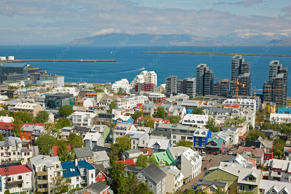 Elevated aerial view of the skyline of Reykjavik in Iceland