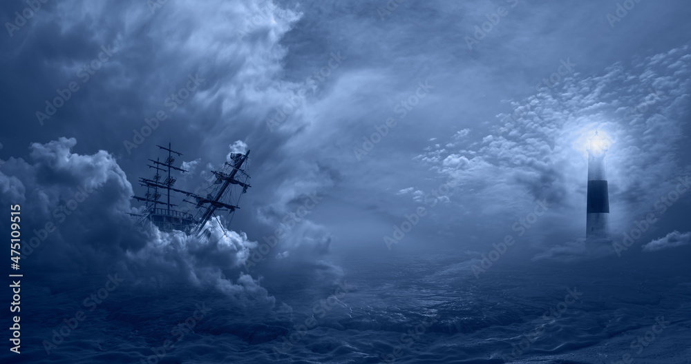 An old sailing ship in the mist sails towards the rocks with amazing ...