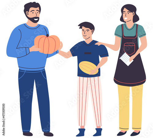 Farming family standing isolated on white background. Mother and father with vegetables, son with pumpkin. Countryside theme. Parents with kid illustration. People grow and sell organic products
