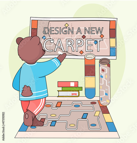 Design a new carpet. Cartoon bear writes with chalk on blackboard in childrens room with different rugs. Concept of choosing new carpet. Animal equips apartment, selects design for room and flooring
