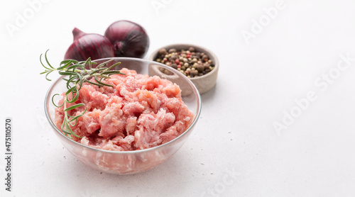Chopped meat. Meat stuffing for cutlets or meatballs. The concept of cooking burgers. Copy space
