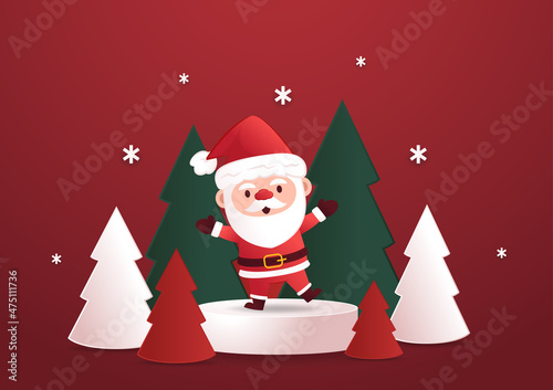 Santa Claus on stage pedestal or platform. geometry podium shape for show cosmetic product display. winter Christmas red background with tree Xmas. 3D vector.