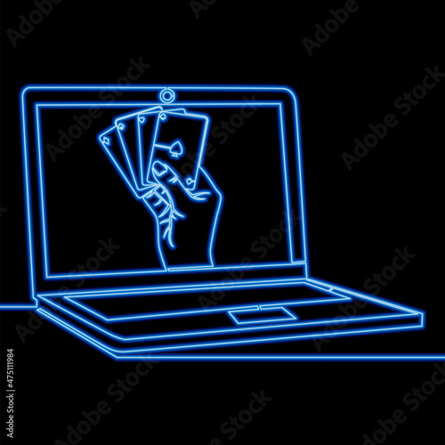 Continuous line Online poker casino neon concept