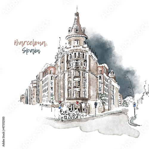 Barcelona, SpainBarcelona, Spain. Hand Drawn Urban Sketch with Watercolor splash Vector illustration. Street view of Barcelona city.