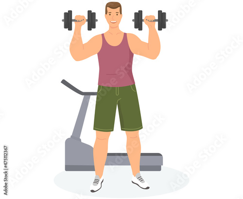 Workout session, daily exercises, fitness time. Male character is doing sports. Man exercising with dumbbells. Athlete, powerlifter is lifting heavy dumbbells against background of treadmill