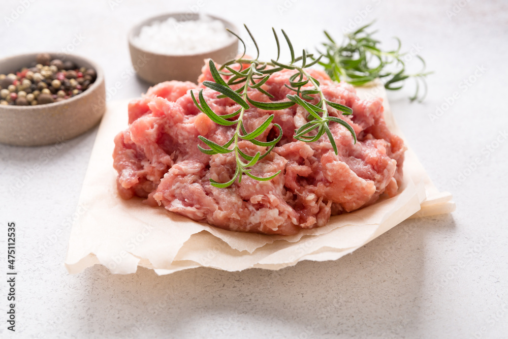 Chopped meat. Meat stuffing for cutlets or meatballs. The concept of cooking burgers. Copy space