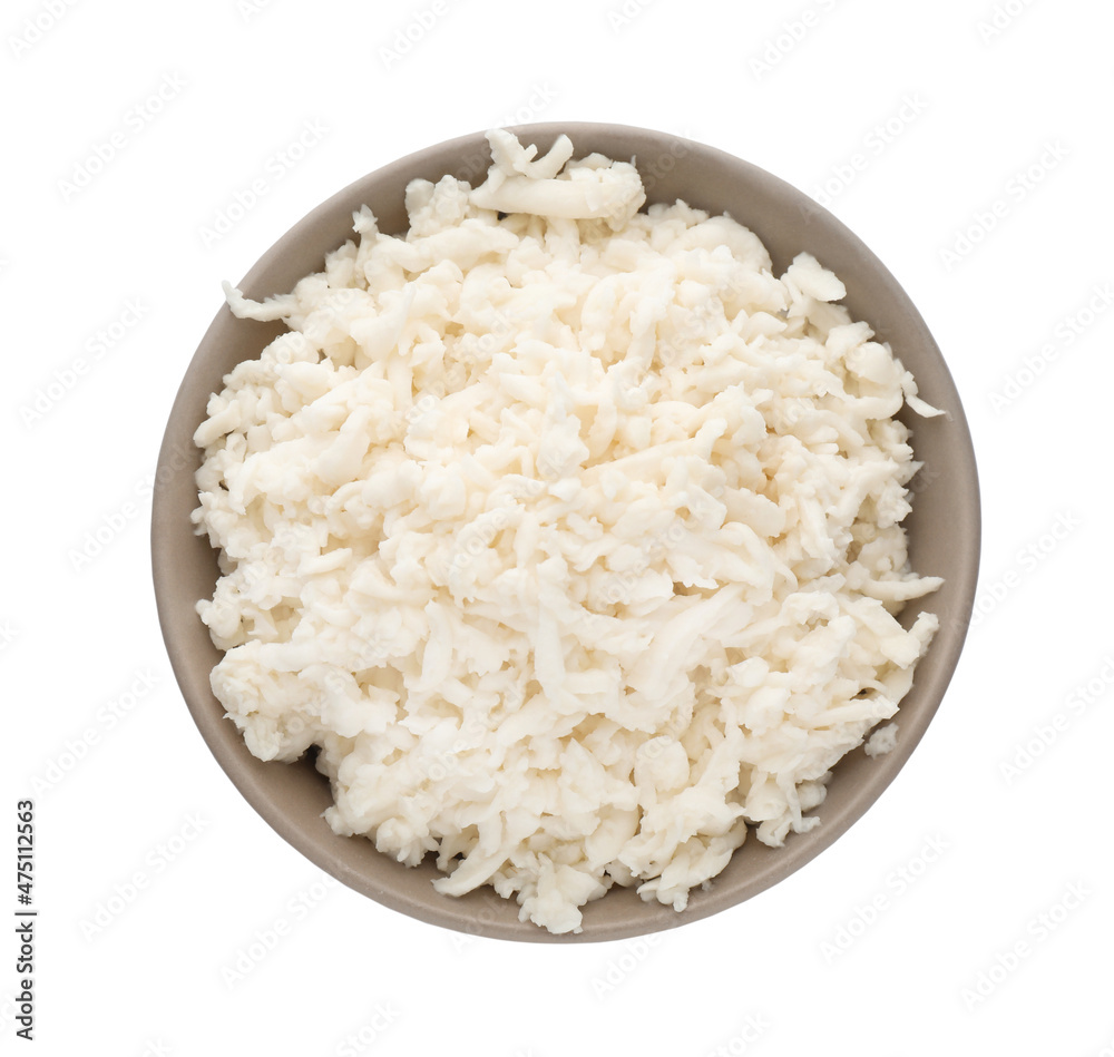 Bowl with delicious mozzarella cheese on white background, top view Bowl with delicious mozzarella cheese on white background, top view