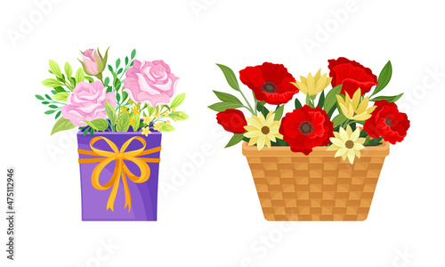 Box and basket with bouquets of beautiful flowers set vector illustration