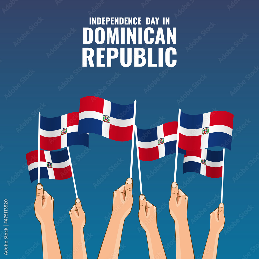 Independence Day in Dominican Republic. Hands hold the flags of the country. Vector Ilustration.
 - obrazy, fototapety, plakaty 