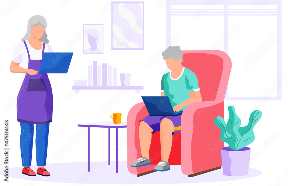 Old woman and man with laptop and tablet pc sitting at home. Grandparents use computers, modern gadgets. Concept of remote work from home, distance learning for retired people. Studying technologies Old woman and man with laptop and tablet pc sitting at home. Grandparents use computers, modern gadgets. Concept of remote work from home, distance learning for retired people. Studying technologies