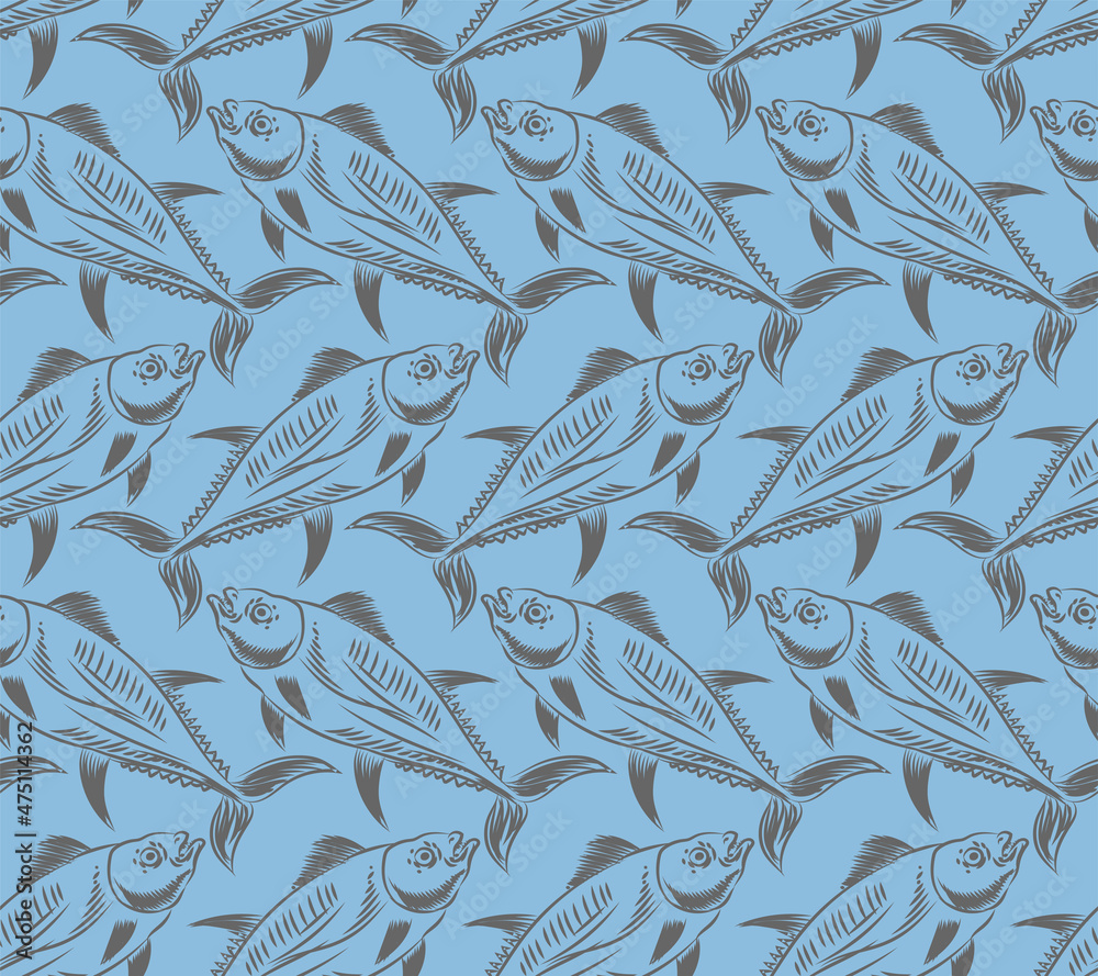 Fototapeta premium Tuna Hand drawing engraving pattern seamless. tunny Seafood fish background. vector texture