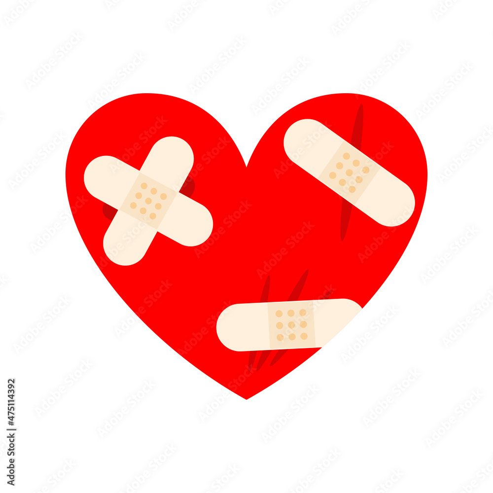 Sick heart with bandages. Wounded heart with plaster Sick heart with bandages. Wounded heart with plaster