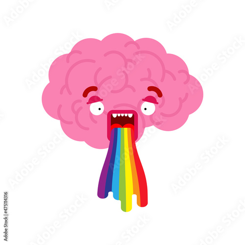 Brain vomit rainbow isolated. Brains retching cartoon. Dizziness concept illustration