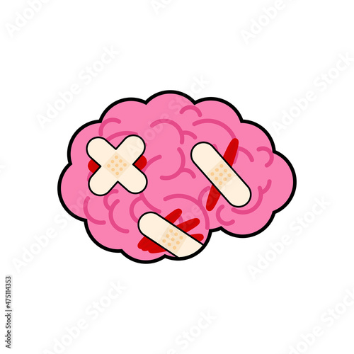 Sick brain with bandages. Wounded brains with plaster