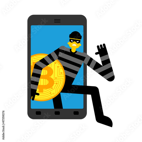 Online theft of Bitcoin. Thief steals Cryptocurrency from gadget. Internet stealing Electronic money. Burglar and smartphone