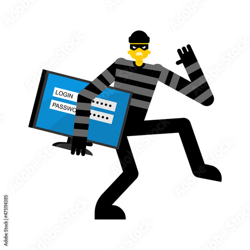 Thief stole login and password. burglar stole Information. robber carries PC. Abduction personal data