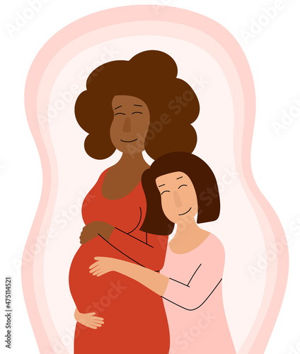 Lesbian interracial couple hugging. Pregnant afro female. Happy same sex women. lgbt family