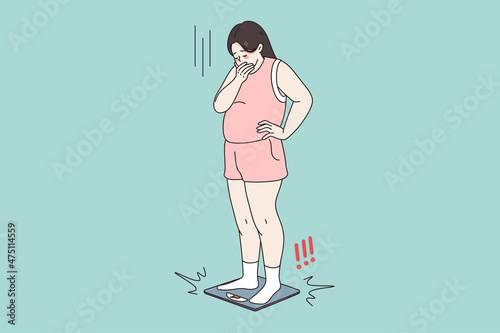 Unhappy obese woman stand on scales shocked by weight gain. Upset stressed fat girl frustrated by number on weigh. Overweight, obesity concept. Diet and healthy lifestyle. Vector illustration.  photo