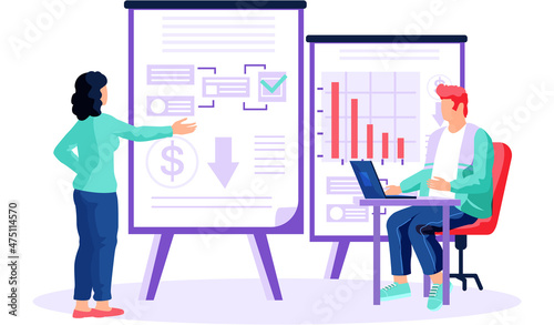 Businesswoman giving employee lecture or presentation of profit chart. Female character showing and explaining plan to her colleague. Bankruptcy, declining indicators of income, business failure