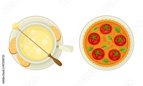 French cuisine traditional delicious food set. Tomato tart taten and cheese fondue vector illustration