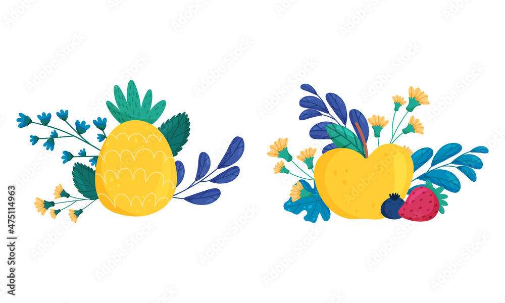 Fresh ripe pineapple, apple, strawberry, blueberry fruit and berries among grass and leaves set vector illustration