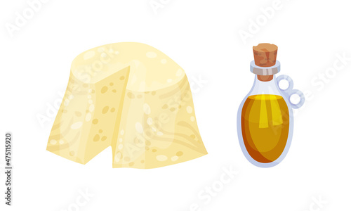 Cheese and olive oil glass bottle vector illustration
