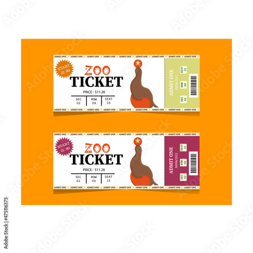Zoo tickets. Entertainment for children and adults. Pass to the event. Exotic animals. Minimalistic style of tickets in white on an orange background. Stock Vector Illustration.