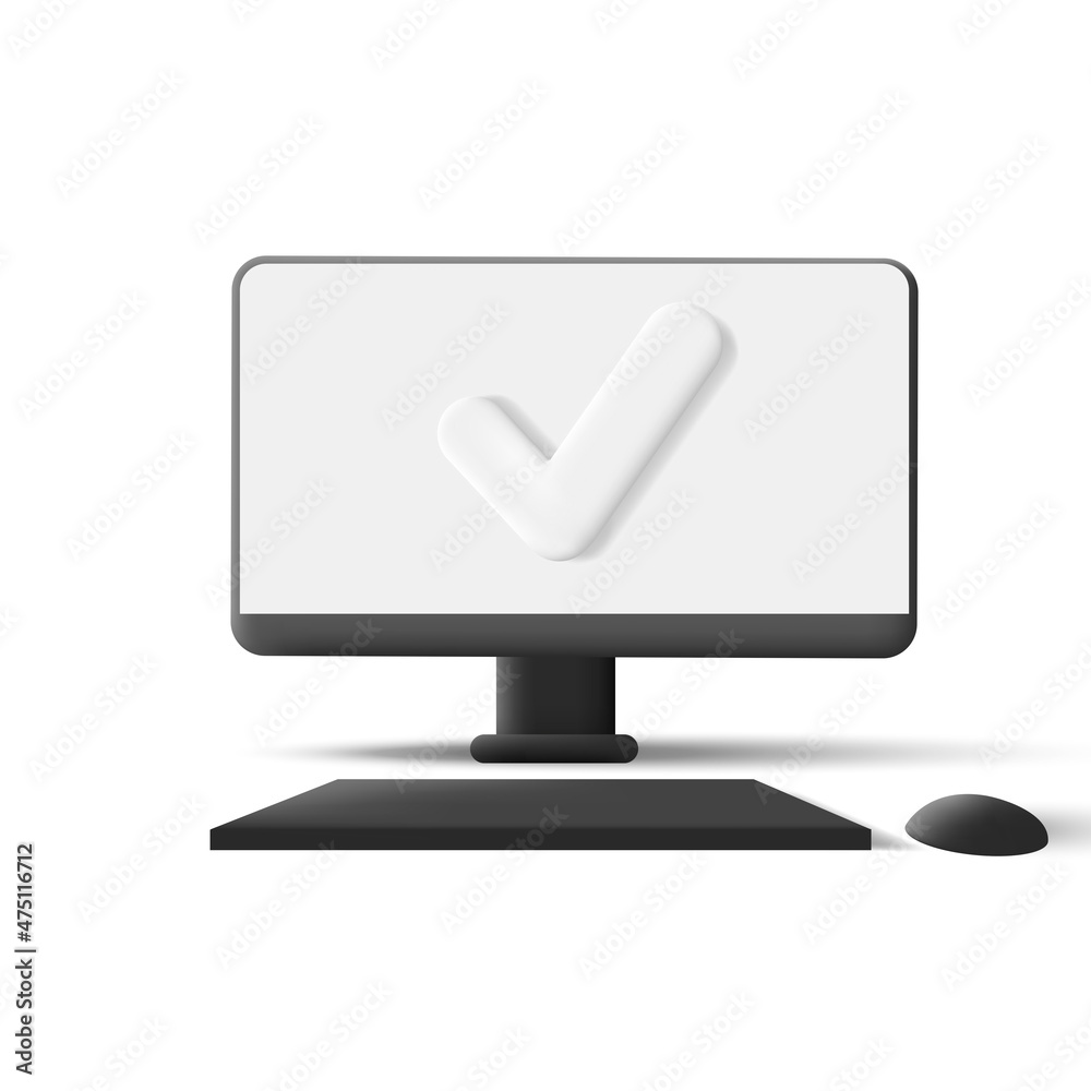 Vector balck monitor with keyboard and computer mouse 3d render illustration with white screen and tick on it Vector balck monitor with keyboard and computer mouse 3d render illustration with white screen and tick on it