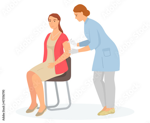 Doctor is making injection to patient isolated on white. Disease treatment and vaccination. Healthy lifestyle concept. Nurse works with syringe and gives injection. Process of vaccination in hospital
