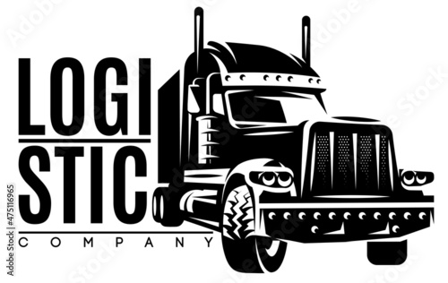 Monochrome illustration with truck for long-distance transportation of goods. The topic of large-scale delivery and logistics. Design element for business cards, flyers, advertisements, webdesign