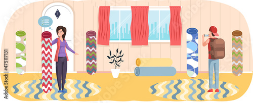 Concept of choosing new rug. Buyers order carpet from home textile store. Couple equip apartment, select carpet for room, man and woman together in flooring shop choose rug from rolled samples