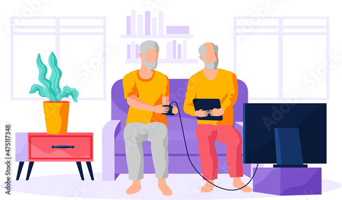 Old person sitting and playing video games with friend. Elderly people use computer and spend time with gadgets. Characters learn new technologies and surf internet. Man communicates via smartphone