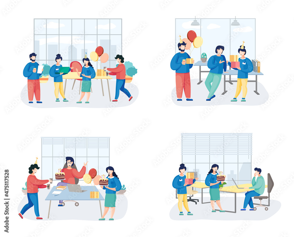 Birthday party in office flat vector illustration. Workers organize holiday, congratulate boss. Interaction, entertainment at workplace. Business team giving gifts balloonns and cake to colleague Birthday party in office flat vector illustration. Workers organize holiday, congratulate boss. Interaction, entertainment at workplace. Business team giving gifts balloonns and cake to colleague
