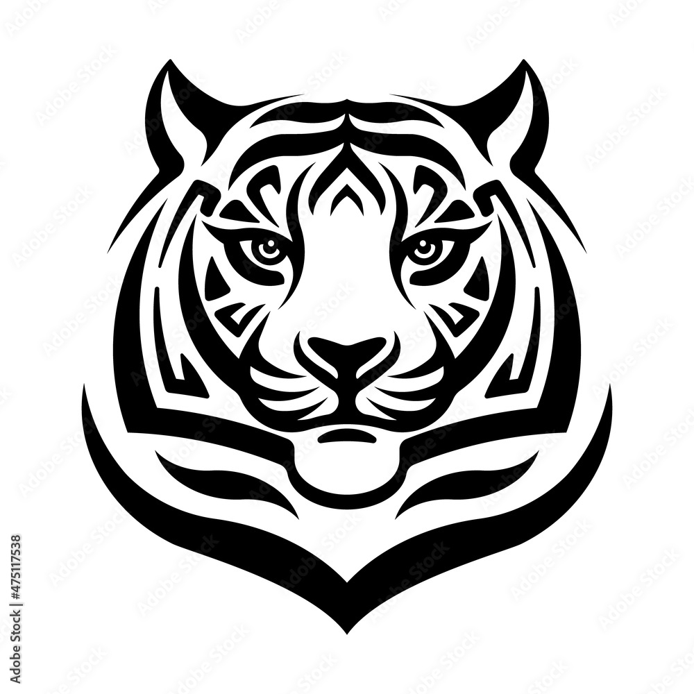 Tiger face. Black and white stylized tiger head. Abstract illustration for print, emblem, badge, poster. Concept of predator animals, safari, chinese horoscope. Symbol of the 2022 Year. Isolated Tiger face. Black and white stylized tiger head. Abstract illustration for print, emblem, badge, poster. Concept of predator animals, safari, chinese horoscope. Symbol of the 2022 Year. Isolated