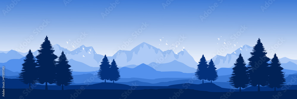 blue sky mountain landscape with tree forest vector illustration design for wallpaper design, design template, background template, and tourism design template	