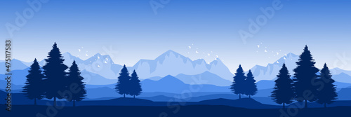 Fototapeta Naklejka Na Ścianę i Meble -  blue sky mountain landscape with tree forest vector illustration design for wallpaper design, design template, background template, and tourism design template	