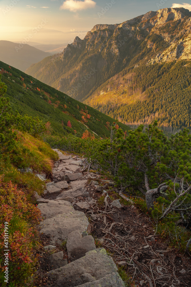 Beautiful autumn in the Western Tatras. Yellow and orange grasses create an amazing atmosphere. The light of the setting sun illuminates the mountain ridges. Beautiful autumn in the Western Tatras. Yellow and orange grasses create an amazing atmosphere. The light of the setting sun illuminates the mountain ridges.