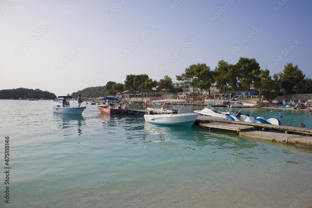 Speedboats near the pier Ksamil, Albania