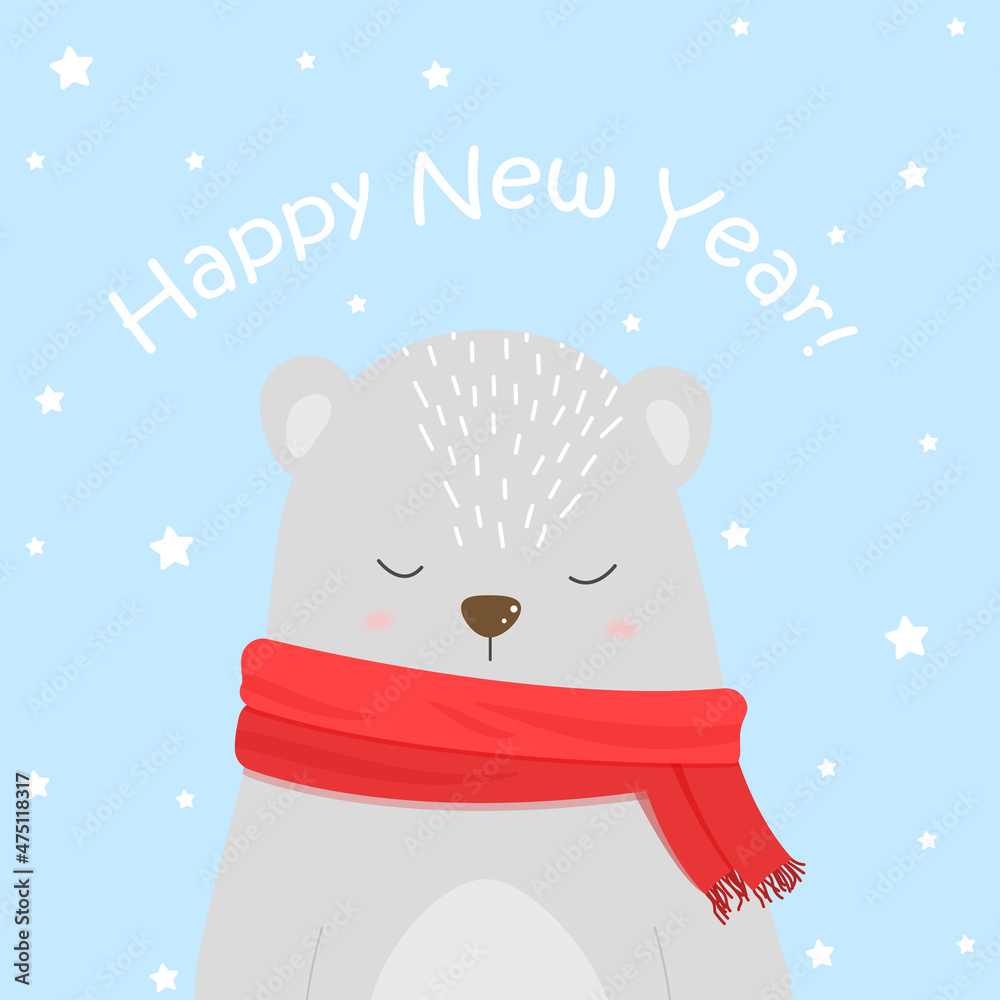 Winter new year christmas postcard. Cute polar bear cartoon character with scarf and hat. Vector celebration card design. Winter new year christmas postcard. Cute polar bear cartoon character with scarf and hat. Vector celebration card design.