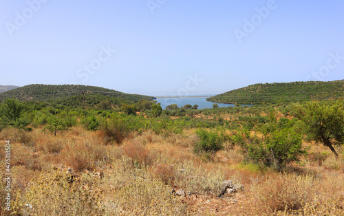 Landscape with azure water of the Ionian Sea in Ksamil, Albania 