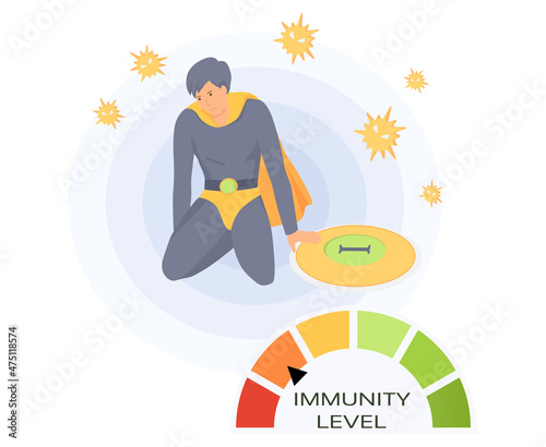 Man in super man costume and circular spectrum of low level of immunity. Power of imunity to fight disease isolated vector. Battle superhero as symbol of human health. Hero demonstrates not power photo