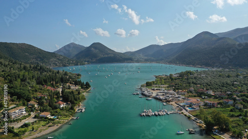 Aerial drone photo of fjord shaped port of Nydri a calm sea safe anchorage for sail boats and yachts famous for trips to Meganisi  Skorpios and other Ionian islands  Lefkada island  Greece