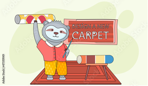 Design a new carpet. Cartoon character standing in childrens room with different rugs. Concept of choosing new carpet. Animal equips apartment, selects design for room and flooring, indoor decorating