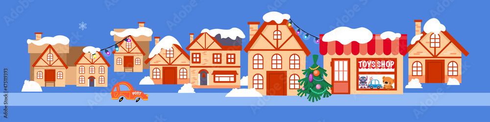 Christmas town with houses, shop, car in flat cartoon style. Hand drawn vector banner illustration for cards, congratulations, prints, labels, posters.