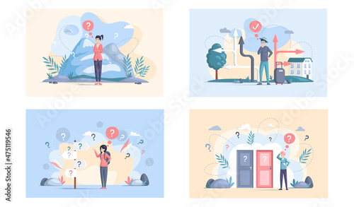 Making confusion. Doubts person surrounded by question marks. Questions dilemma situations. Asking questions. Confused people. Making choice. Being confused. Thinking or make decision. Solving problem