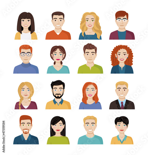 Set of avatars of different smiling people. Collection of characters of men and women. Isolated vector illustrations.